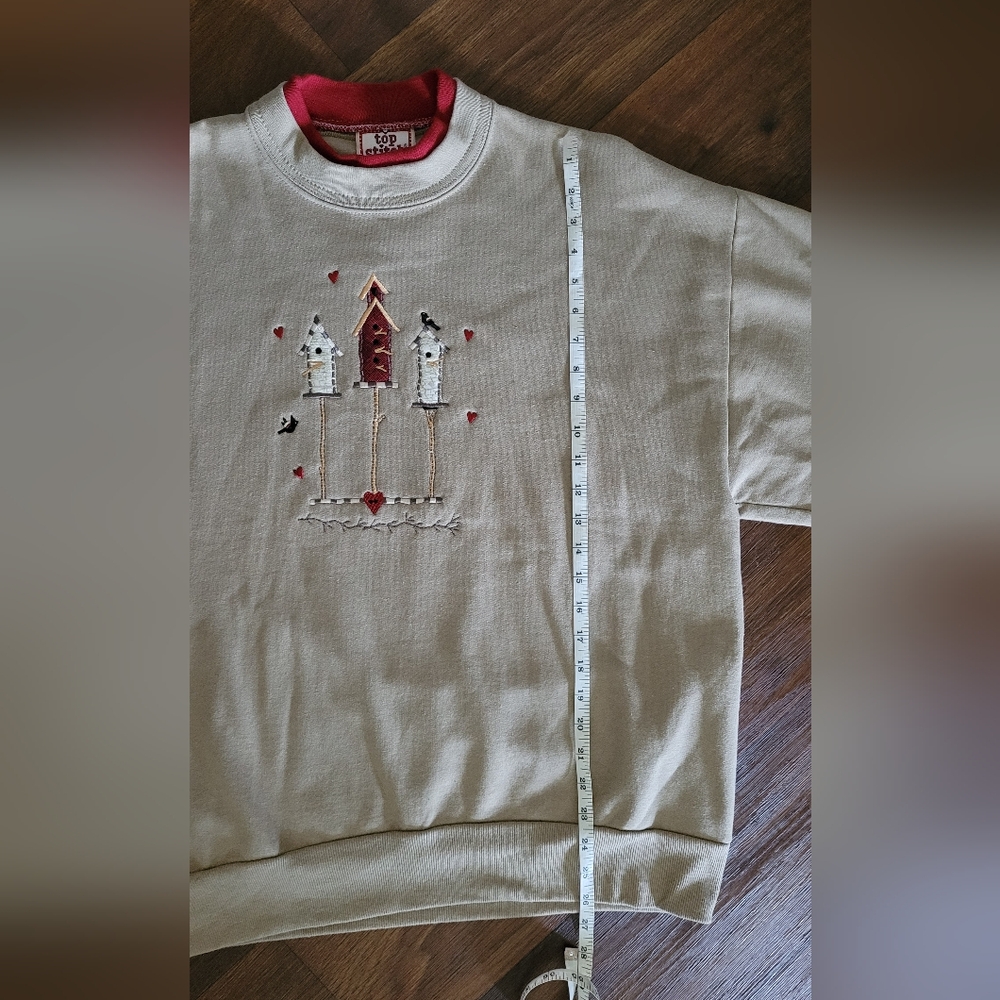 Vtg Top Stitch Embroidered Birdfeeder Pullover Sweatshirt, Women's L, Tan & Red - Picture 8 of 8